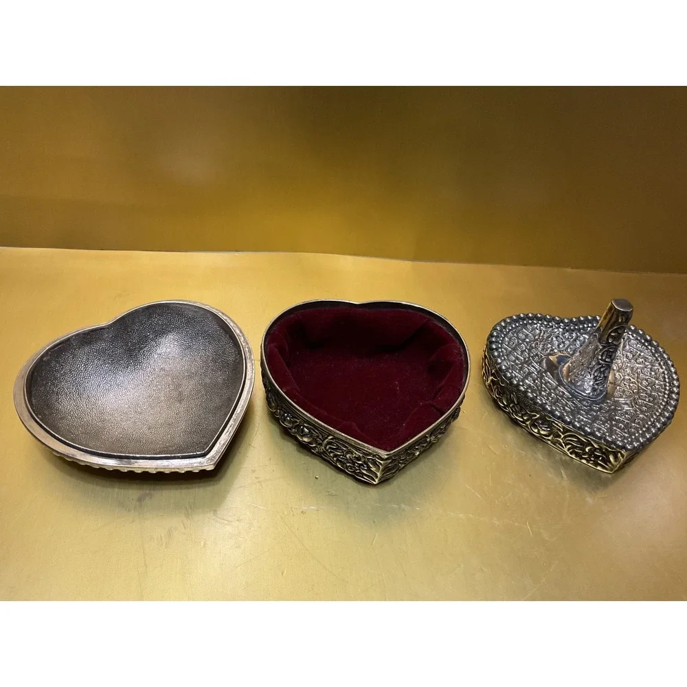 Vintage Heart Jewelry Box and Ring Holder Set Silver Tone Ornate Filigree